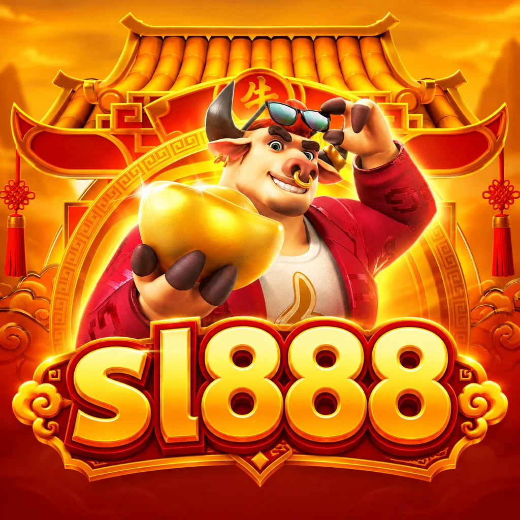 sl888 Fortune Ox menampilkan karakter banteng modis memegang sebongkah emas di depan gerbang bergaya oriental